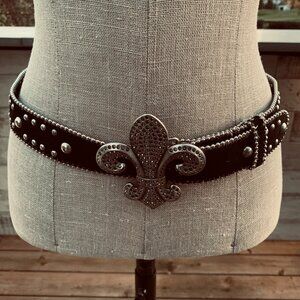 Kathy Van Zeeland Fleur-de-Lis Faux Suede Leather Studded Rhinestone Waist Belt